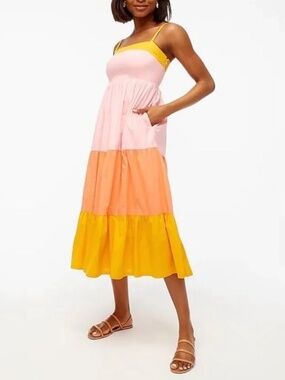 J.Crew Pink Colorblock Tiered Maxi Dress Pockets 100% Cotton 6